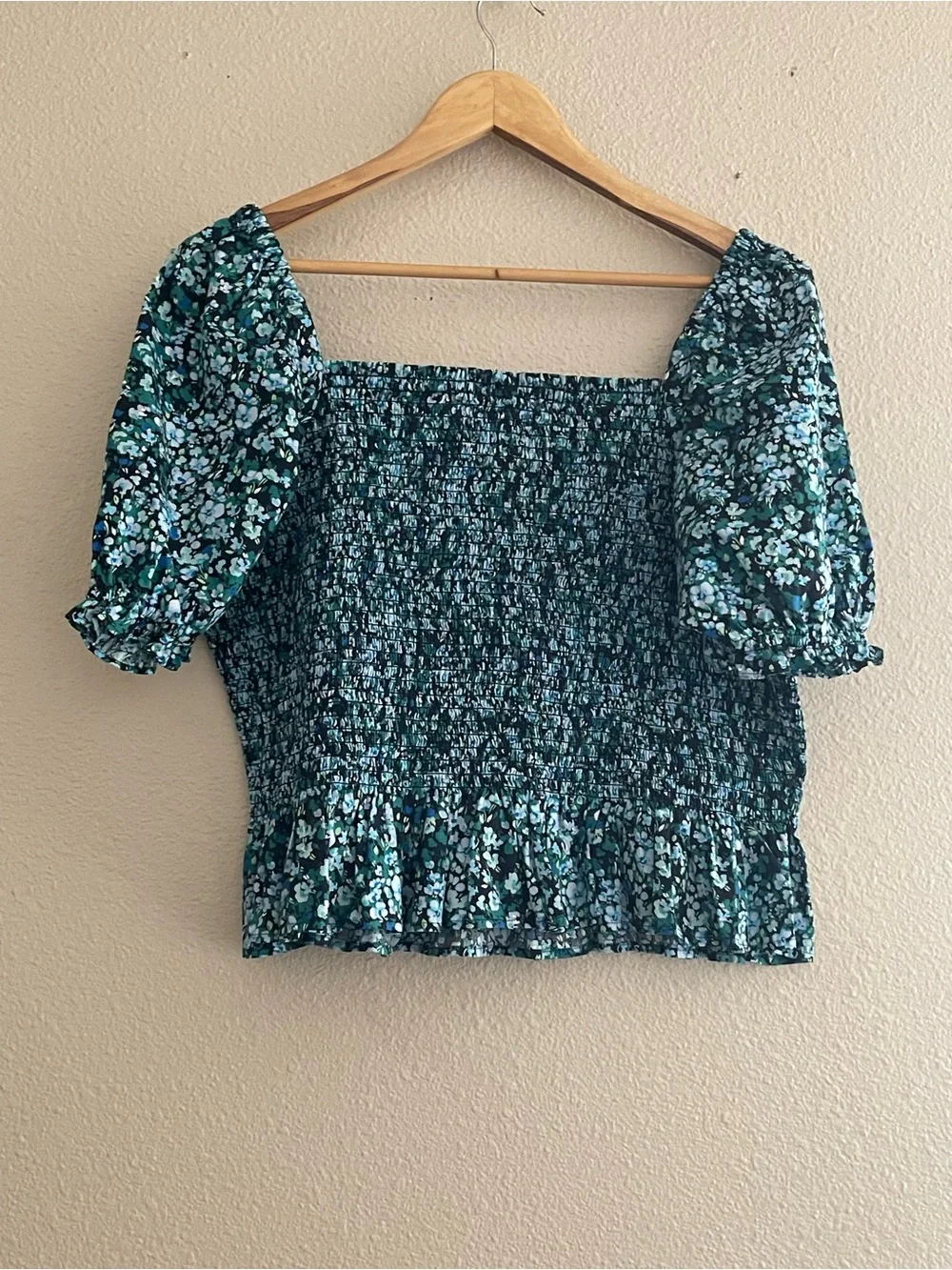 J. Crew Teal and Black Smocked Square-Neck Puff Sleeve Blouse